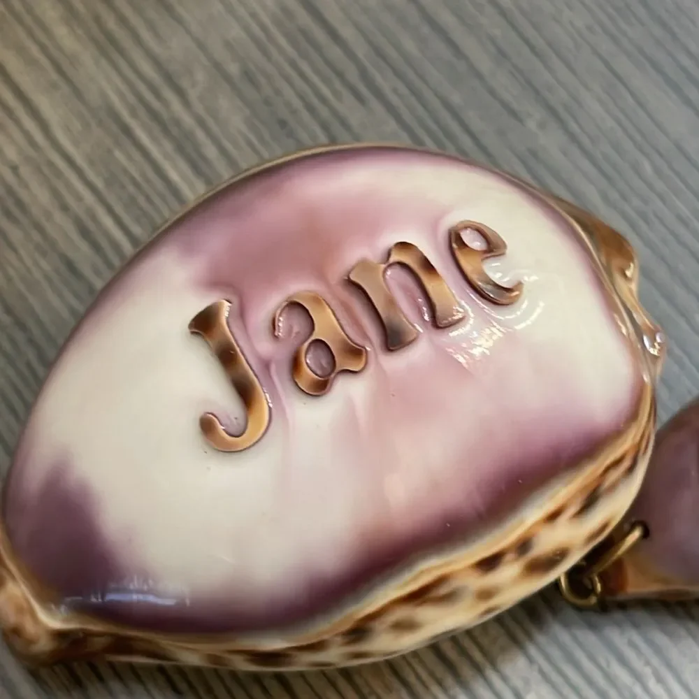 Vintage Engraved Tiger Cowrie Shell With “Jane” & Dolphin Pendant